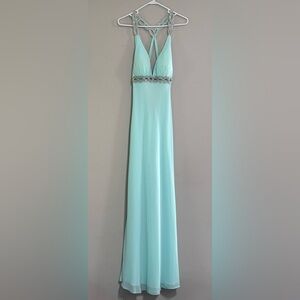 Faviana Light Aqua Beaded Maxi Dress